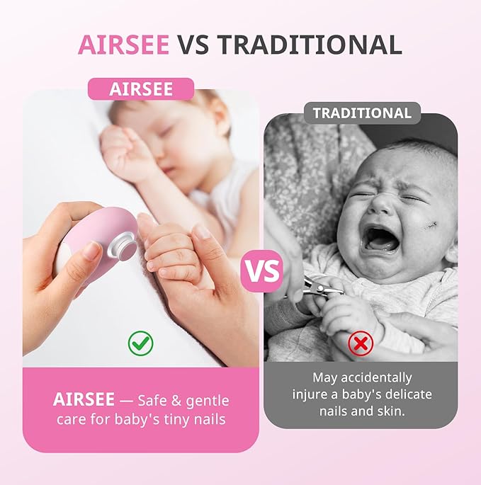 AIRSEE Premium Newborn Gift, Electric Baby Nail File, Cordless Safe Infant Nail Trimmer with 6 Replacement Pads, Magnetic Rechargeable Base, 360° LED Light, Baby Grooming Kit Gift (Candy Pink)