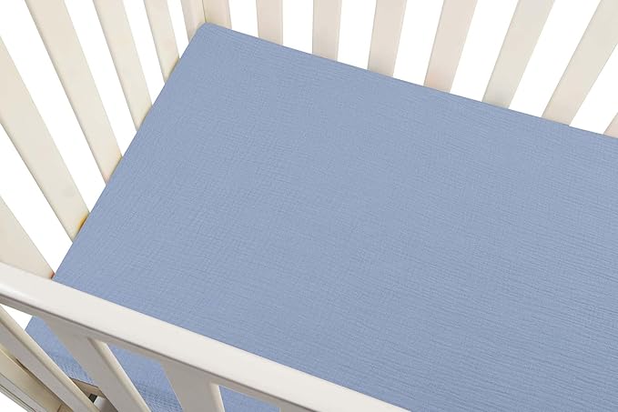Onacosht Muslin Mini Crib Sheets, 39" x 27" Pack and Play Mattress Sheets Fitted for Pack N Play, Soft Cotton for Boys Girls, 2 Pack, Car and Solid Blue