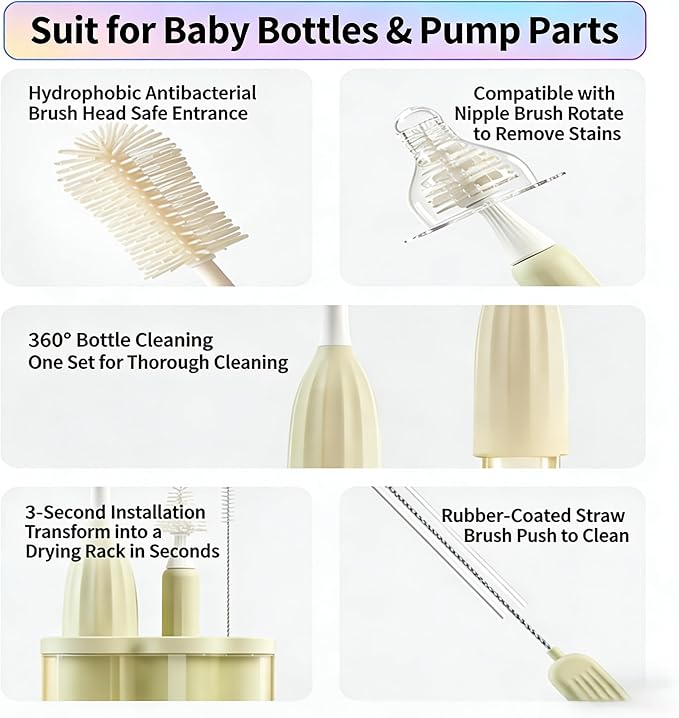 WHNL All-in-One Press-to-Foam Silicone Baby Bottle Cleaning Kit with Bottle Brush, Nipple/Straw Brushes, Tabletop Dring Rack, BPA Free for Baby Bottles, Breast Pumps,Small Appliances,Travel-Friendly