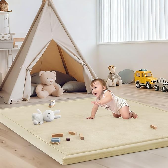Baby Play Mat for Floor Tummy Time Mat Nursery Muscle Area Rug Playroom Rug Tatami 47"*47" Memory Foam 1.3" Thick Crawling for Babies,Toddlers, Infants,Floor(Light Beige)