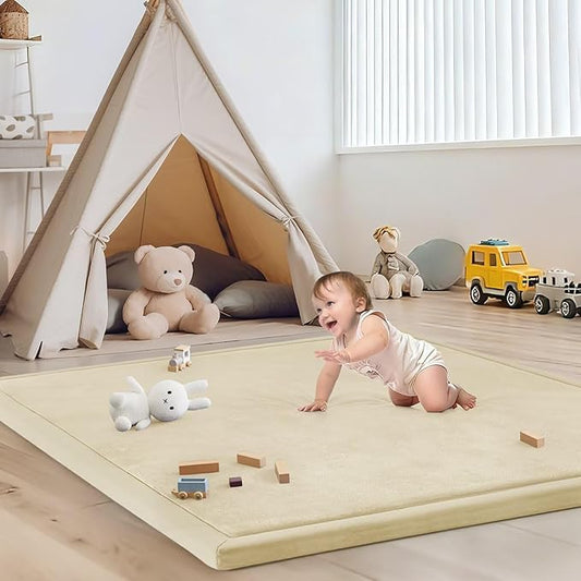 Baby Play Mat for Floor Tummy Time Mat Nursery Muscle Area Rug Playroom Rug Tatami 47"*47" Memory Foam 1.3" Thick Crawling for Babies,Toddlers, Infants,Floor(Light Beige)