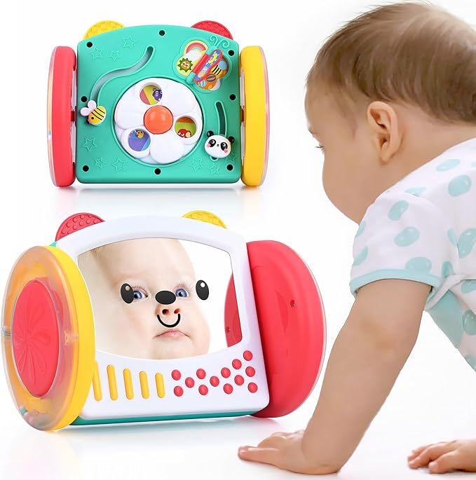 PLAY Tummy Time Toys Rolling Baby Mirror Activity Toy for Newborn 0 3 6 9 12 Months with Teethers Infant Mirror Crawling Montessori Toys for Brain Development Visual Stimulation, Double-Sided