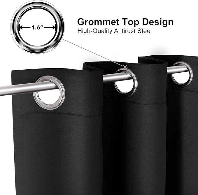 ChrisDowa Blackout Curtains 36 Inches Long for Living Room, Grommet Thermal Insulated Room Darkening Curtains for Bedroom (1 Panel Set, Black, 52W x 36L)