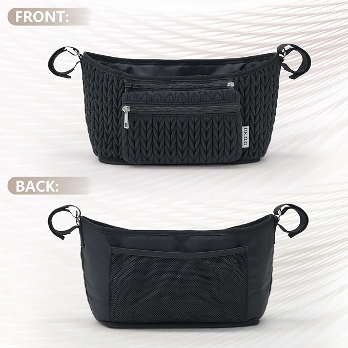 Stroller Organizer - Stylish Quilting Nylon, Universal Fit, Detachable Bag, Adjustable Multi-Storage for Baby Stroller and Pet Stroller（Black-A