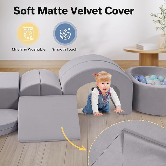 9-Piece Foam Climbing Blocks for Toddlers, Baby Climb and Crawl Soft Play Set with Ball Pit, Machine Washable Cover, Indoor Activity Play Structure, Climbing Toys for Toddlers 1-3 (Gray)