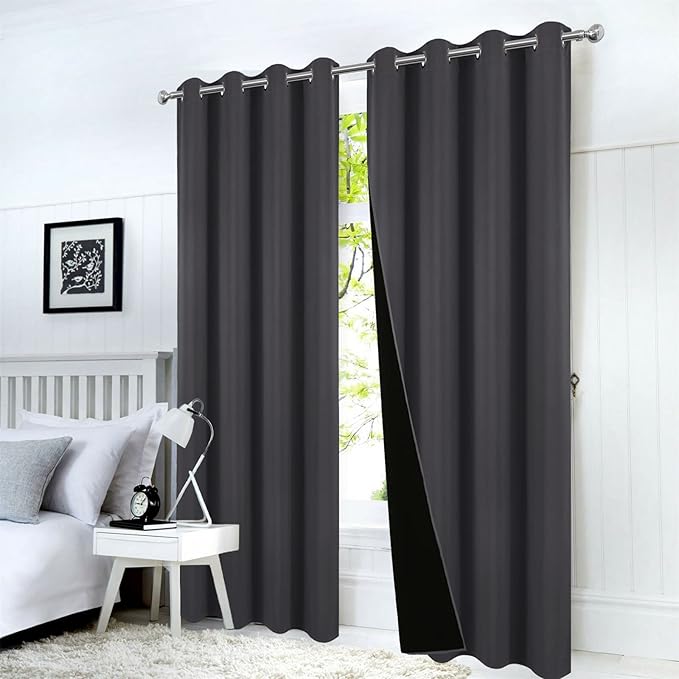 LEMOMO 100% Blackout Curtains 52 x 95 Inch Dark Grey Curtains 2 Panels Darkening Thermal Insulated Bedroom Curtains