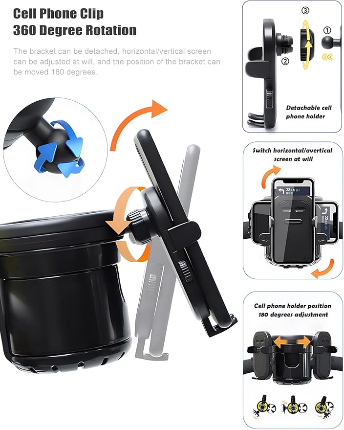 Mobility Combo Pack 3 in 1, Hook, Phone and Cup Holder for Walker, Portable Beverage Holder for Wheelchair and Strollers