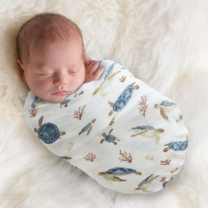 LifeTree Baby Swaddle Blanket, 70% Viscose from Bamboo and 30% Cotton Muslin Swaddles Blankets Boys Girls, Sea Turtle Swaddling Blanket for Newborn, Super Soft Large 47" x 47"