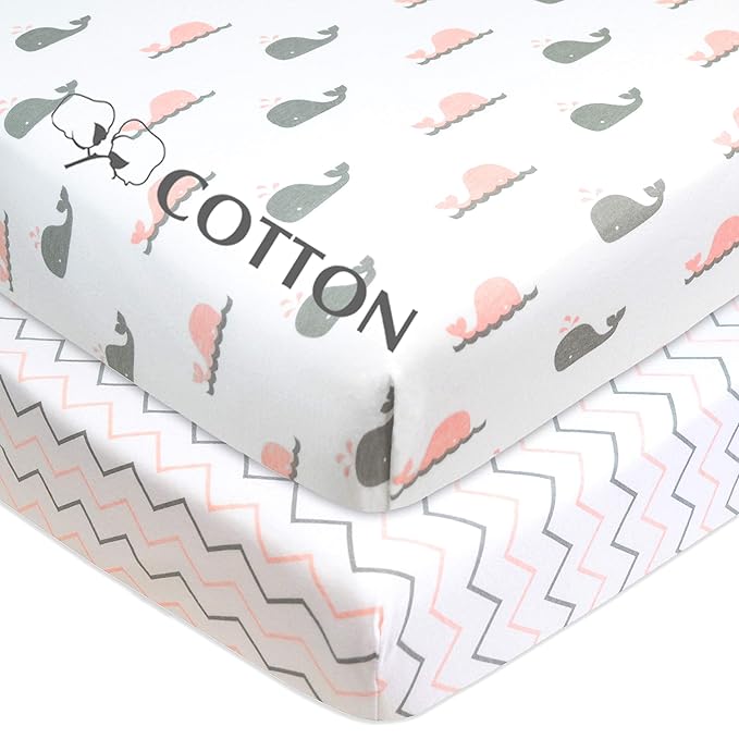 American Baby Company 2 Pack 100% Natural Cotton Fitted Mini Crib Sheets 38" x 24" - Soft & Breathable Small Nesting Portable Sheets, Fits Pack N Play Mattresses, Pink Whale/Zigzag, for Boys & Girls