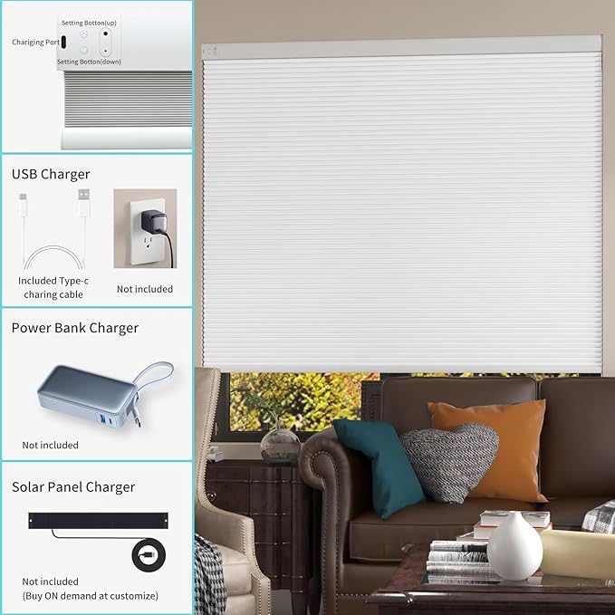 MYshade Motorized Cellular Shades - Smart Blinds Compatible with Alexa/Google Home/SmartThings, 100% Blackout Rechargeable Cordless Honeycomb Blinds, Custom-Size Auto Shades for Windows (White)