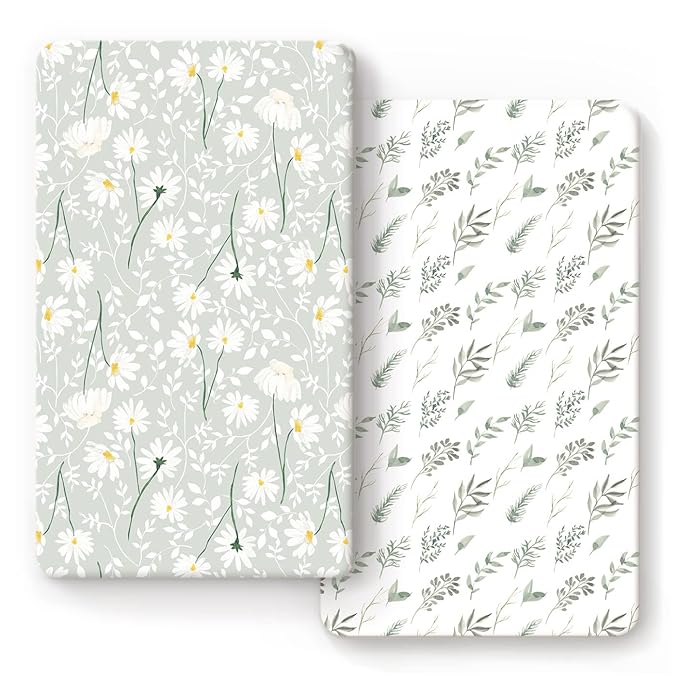 Stretchy Ultra Soft Jersey Knit Fitted Crib Sheets Set 2 Pack, Fit All Standard Crib Mattress Pads, Breathable Crib Sheet for Girls, Watercolor Daisy Flowers