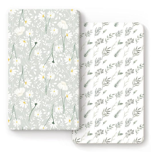 Stretchy Ultra Soft Jersey Knit Fitted Crib Sheets Set 2 Pack, Fit All Standard Crib Mattress Pads, Breathable Crib Sheet for Girls, Watercolor Daisy Flowers