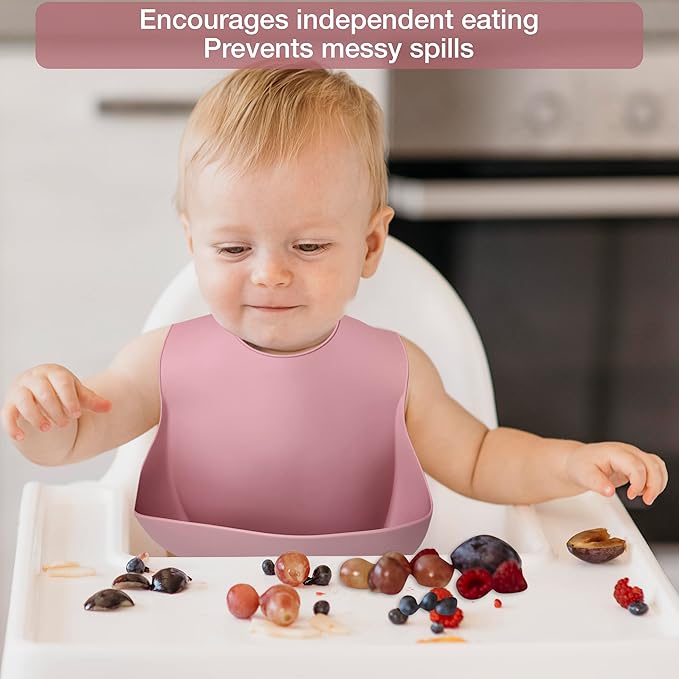 Mutualproducts 10 Pcs Baby Utensils – Silicone Baby Spoons and Forks for Self Feeding – Suction Plate - Anti-Choke Baby Feeding Supplies – Baby Led Weaning Set with 2 Bibs – Great Gift Set (Pink)