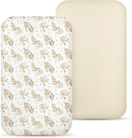 lulumoon Baby Bassinet Sheets Muslin: Cotton Bedside Bassinet Sheets Floral for Girls - Fitted for Bedside Sleeper Mattress