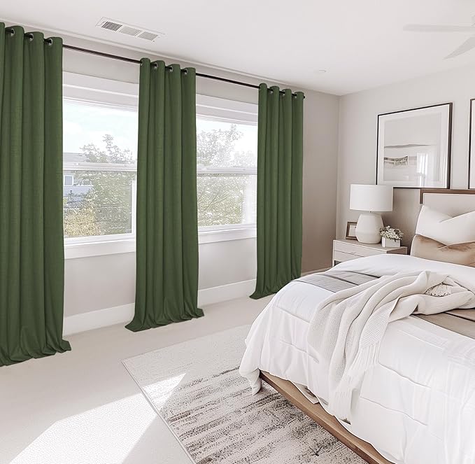 100% Blackout Shield Linen Blackout Curtains for Bedroom, Moss Green Grommet Curtains for Living Room, Thermal Insulated Room Darkening Drapes for Nursery, Boho Home Decor, 50" W x 72" L, 2 Panels