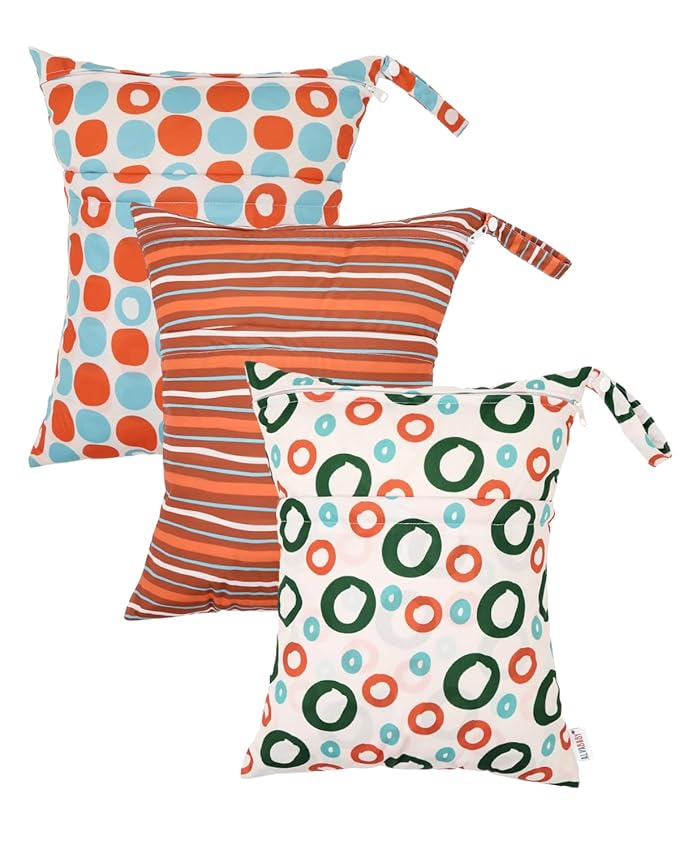 ALVABABY 3pcs Cloth Diaper Wet Dry Bags Waterproof Reusable with Two Zippered Pockets Travel Beach Pool Daycare Soiled Baby Items Yoga Gym Bag for Swimsuits or Wet Clothes 3L-ZM35