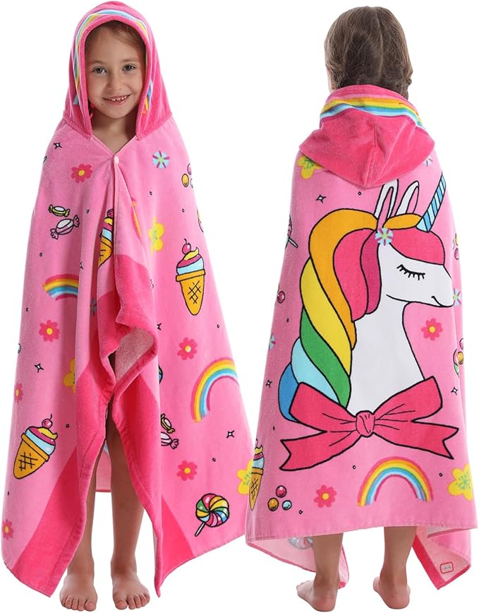 BANGSAUR Hooded Towel for Kids, 100% Cotton Soft and Absorbent, Pool Bath Beach Swim Towel Wrap, Bathrobe Coverups for Girls and Boys, Extra Large:30"×50"(Unicorn)