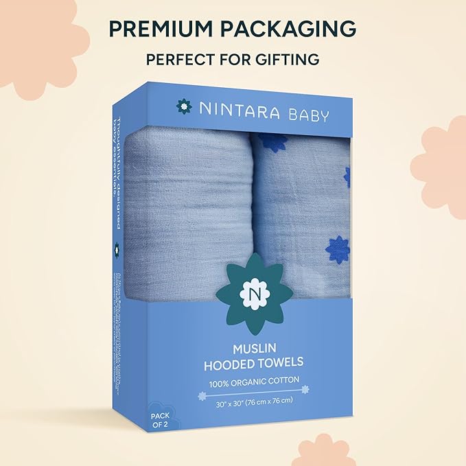 Hands-Free Hooded Towel 100% Organic Premium Muslin Cotton, 30" x 30", Ultra-Absorbent, Soft, Breathable, Hypoallergenic, Multipurpose, Gifts for Babies & Infants, Pack of 2