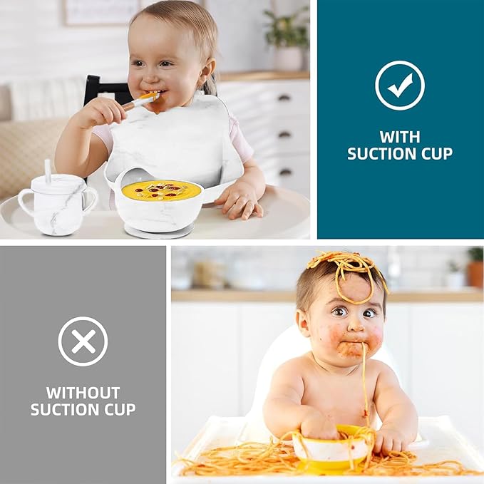 Dormlony 9pc BPA Free Silicone Baby Feeding Set - White: Suction Bowl, Divided Plate, Sippy Cup, Bib, Spoons, Forks - Baby Eating Utensils