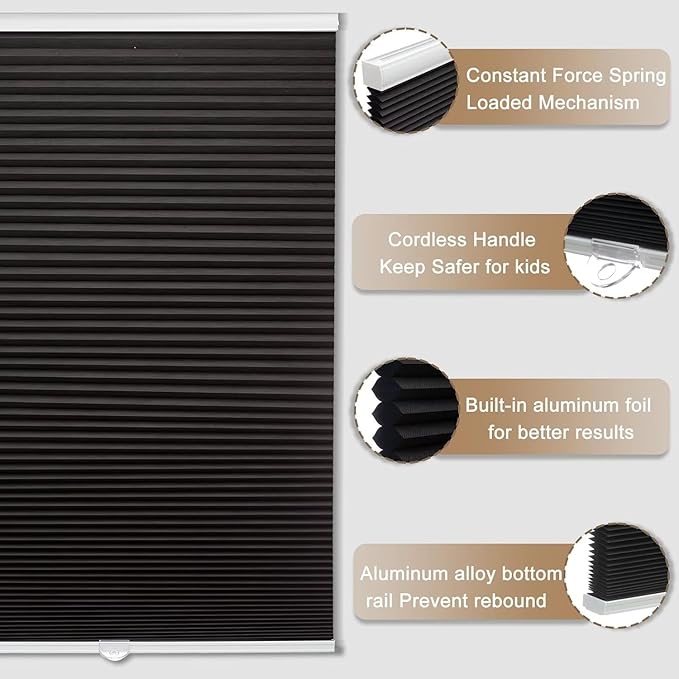 MYshade Cordless Blackout Cellular Shades, 1.5" Honeycomb Window Blinds for Bedroom & Nursery, Thermal Insulated, Noise Reducing, Privacy Shades, Inside or Outside Mount (23" W x 64" H, Black)