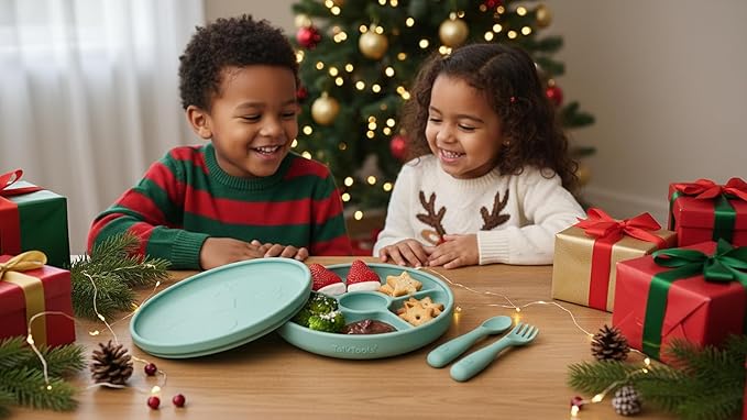 Talktools Bitsy Feeding Kid's Essentials Plate Set – Toddler Utensils, Spoon and Fork, Plate Lid, Perfect for Mealtime – Strong Suction Toddler Plates with 4 Compartments (Set-Sage)