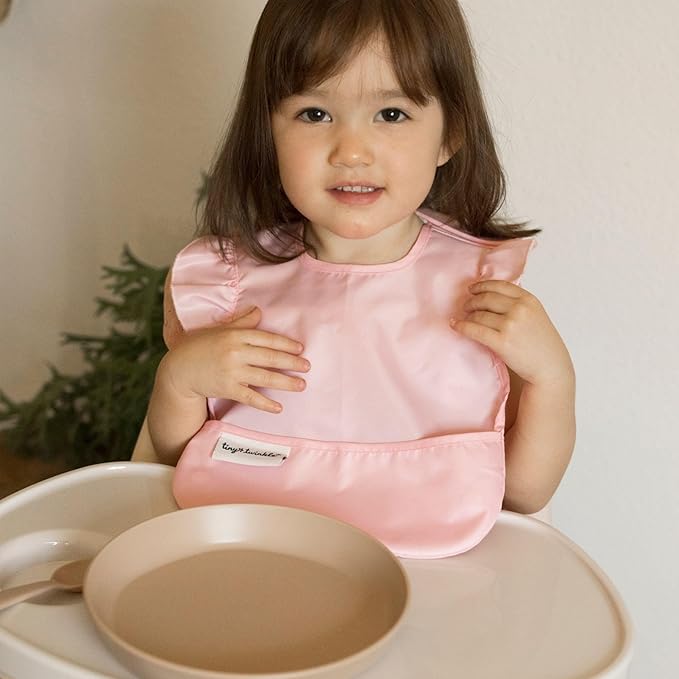 Tiny Twinkle Mess-Proof Baby Bibs for Eating | Waterproof, Wipeable Toddler Bibs with Catch-All Pocket | Feeding Bibs for Girls & Boys(3 Pack,Cotton Candy)