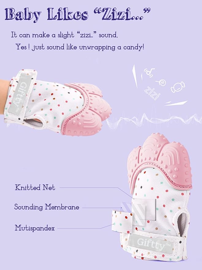 Giftty Baby Teething Mitten, Self-Soothing Teether Glove, Pain Relief Silicone Mitt, Double Breathable, Stay on Baby's Hand, Unisex for Babies 3-12 Months(2 Pink Mittens)