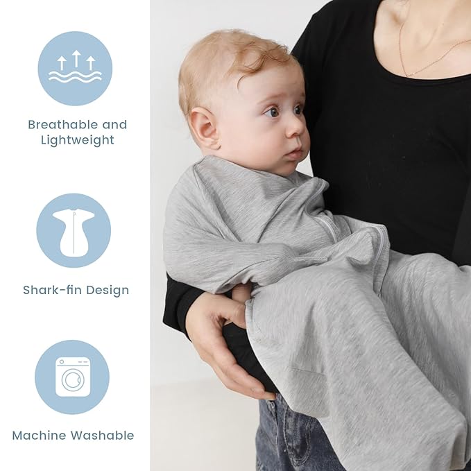 ZIGJOY Shark-Fin Transitional Swaddle for Newborn - 0.5 Tog Rayon Made from Bamboo Transition Swaddle Sleep Sack 6-12 Months Baby Arms Up Swaddle Blanket with 2-Way Zipper, Green&Grey