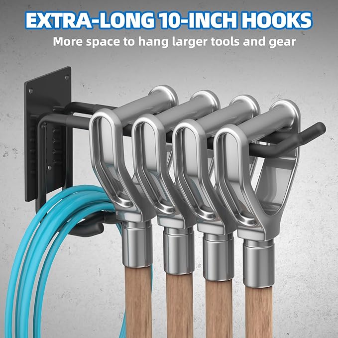 6 Pack Garage Hooks 10 INCH Heavy Duty Two-Tier Steel Shed Wall Mount Workshop Garage Storage Tool Organizer Hooks for Hanging Garden Tool, Hose, Ladder, Chairs, Bikes with Anti-Slip Coating