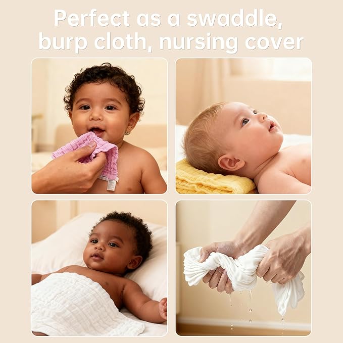 Bear Rocket Organic Muslin Baby Washcloths 6 Pack Baby Bath Face Towel 12x12 Inch Extra Absorbent and Soft Burp Cloth and Wash Cloths for Newborn-Infants On Sensitive Skin (White Yellow Pink)
