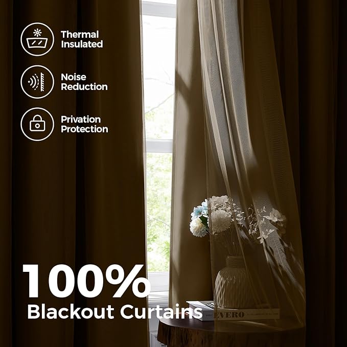 100% Blackout Curtains for Bedroom, Double Layer Khaki Curtains, Black Out Curtain 63 inch Long with Sheer Overlay for Living Room, Room Darkening Window Drapes with Grommet, 52" W x 63" L