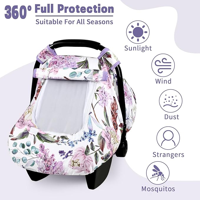 Car Seat Cover Baby, HNHUAMING Infant Car Seat Covers Canopy for Baby Girl Boy, Cozy & Windproof Newborn Carseat Covers Minky Dot Backing Stroller Cover with Breathable Mesh Window, Purple Floral