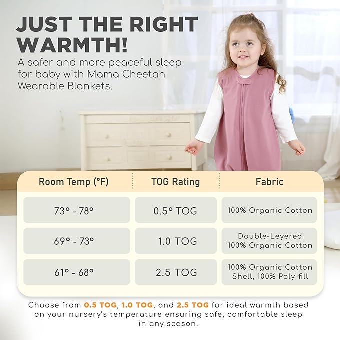 Mama Cheetah Toddler Sleep Sack with Feet, 0.5 TOG Organic Cotton Baby Wearable Blankets with Legs, Baby Sleeping Bag for Walkers, Early Walker 6-18 Month