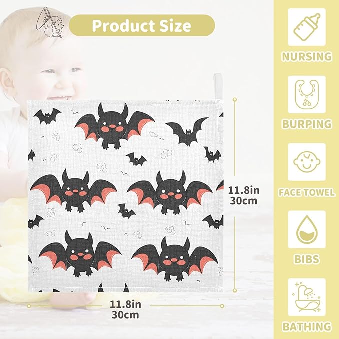 vvfelixl Baby Muslin Washcloths Cute Bats Cartoon Baby Burp Cloths Cotton Baby Face Towel for Newborn Infants Boys Girls Soft and Absorbent 11.8 X 11.8 in, 3 Pack