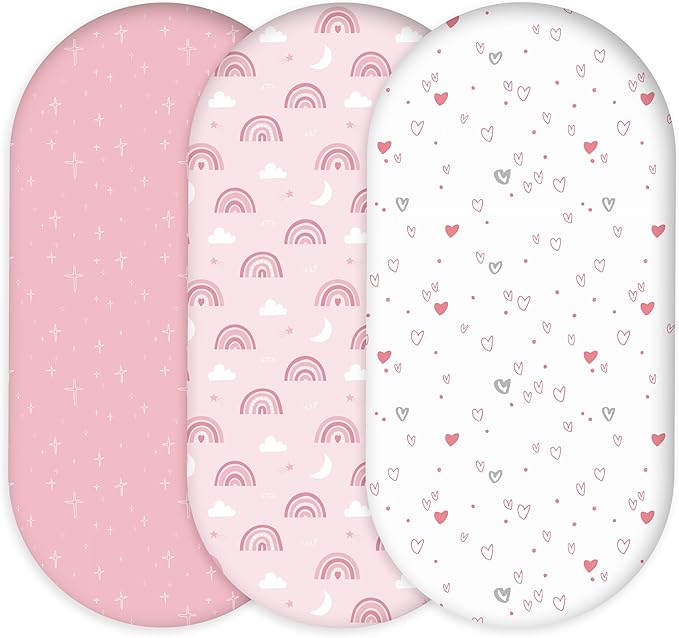 Bassinet Sheets for Baby Girl 32 * 16, 3 Pack Soft Breathable Baby Bassinet Mattress Sheets Fit for Hourglass Oval Cradle, Moses Basket Rectangle Mattress (Rainbow, Pink)