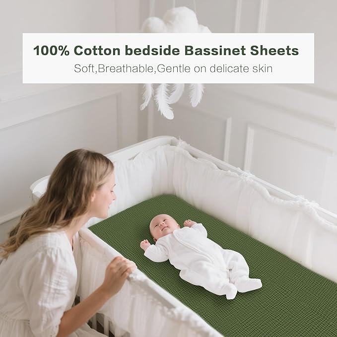 Muslin Bedside Sleeper Bassinet Fitted Sheets, 3 Pack Cotton Baby Sheet for Boys & Girls, Soft, Compatible with Baby Delight, Dream On Me, AMKE and Other Rectangle Mattress (Leaf Green)