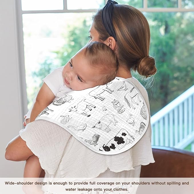 WELLDAY Muslin Baby Burp Cloths Set of 1, Soft Absorbent Farm Animals Muslin Washcloths, Bibs, Face Towel for Newborn Boys Girls, 22 x 11 Inch