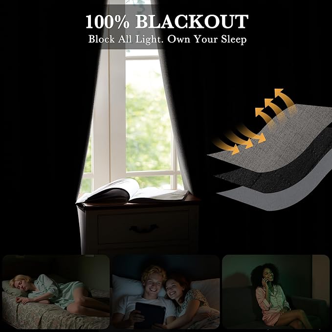 RYB HOME Grey 100% Blackout Linen Curtains 78 inch Long, Thermal Insulated & Privacy Assurd Home Decor Drapes for Bedroom/Office/Nursery, Rod Pocket & Back Tab Window Treatment, W52 X L78, 2 Panels