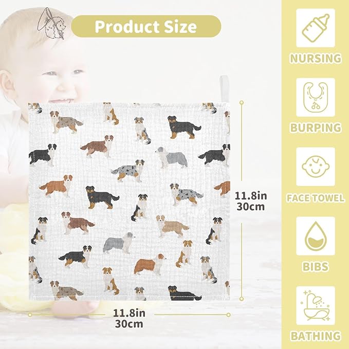 vvfelixl Baby Cotton Washcloths Australian Shepherd Dog Infants Bath Towel for Unisex Face Towels for Newborn, Natural Baby Wipes Delicate Skin, 11.8 X 11.8 inch, one sizex5
