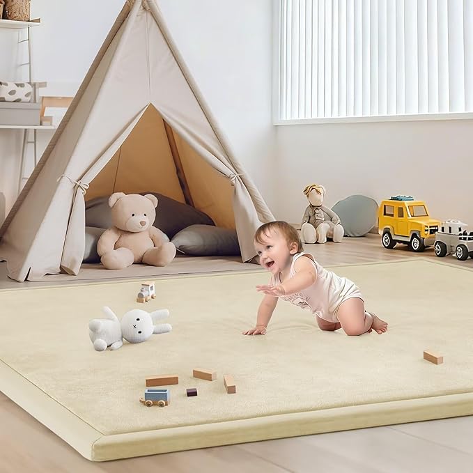 Baby Play Mat for Floor Tummy Time Mat Nursery Rug Muscle Mat Area Rug Playroom Rug Tatami Mat 6'7"x5'11" Memory Foam 1.3" Thick Crawling Mat for Babies,Toddlers(Light Beige)