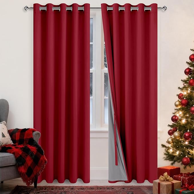 XWZO Total Blackout Curtains 84 Inches Long - Double Layer Full Room Darkening & Energy Efficiency Grommet Extra Wide Window Panels with Tiebacks, Christmas Red, W60 x L84, Set of 2