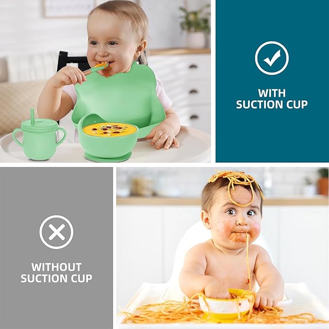 Dormlony 100% Silicone Baby Feeding Set,BPA Free Baby Dishes Set with Suction Bowl Divided Plate,Toddler Self Feeding Dish Set with Spoons Forks Sippy Cup and Bib, Baby Eating Utensils (Neon Green)