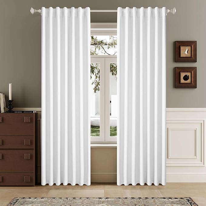 DUALIFE Full Blackout Pure White Curtains 63 Inch Long Linen Textured Curtains Thermal Insulated Heat Blocking Noise Reducing Vintage Drapes for Nursery Bedroom Rod Pocket&Back Tab 2 Panels 50W x 63L