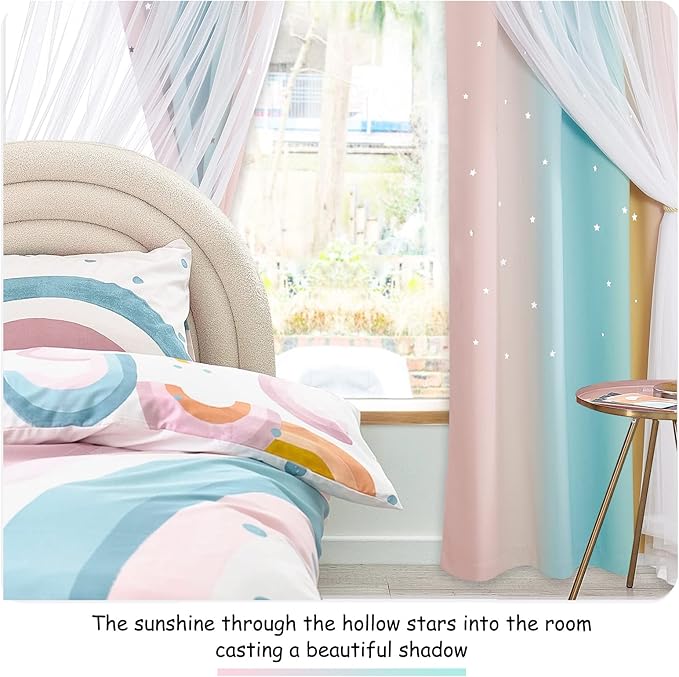 NICETOWN Kids Room Decor Curtains for Girls Nursery, Star Cut Princess Room Design Curtains with Versatile Styling Options for Backdrops (Pink & Yellow & Green & Pink, Each is W52 x L84, Sold by 2)