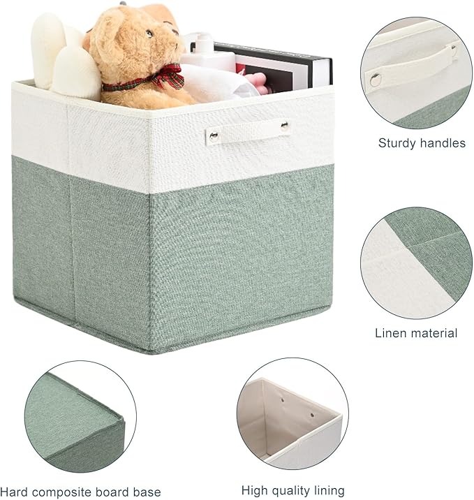 13 x 13 Inch Fine Linen Storage Bins with Handles，Fabric Cube Boxs，Basket Organizers for Shelves for Home, Closet Drawers (White/Green-4 Pack )