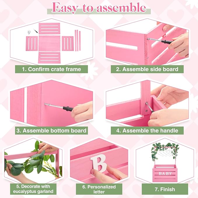 Barydat Wooden Baby Shower Crate Closet, Baby Basket with Handle, Personalized Basket Gifts, Easy Assembly Baskets for Newborn Boy Girl Welcome Gift for New Mom Parents(Pink)