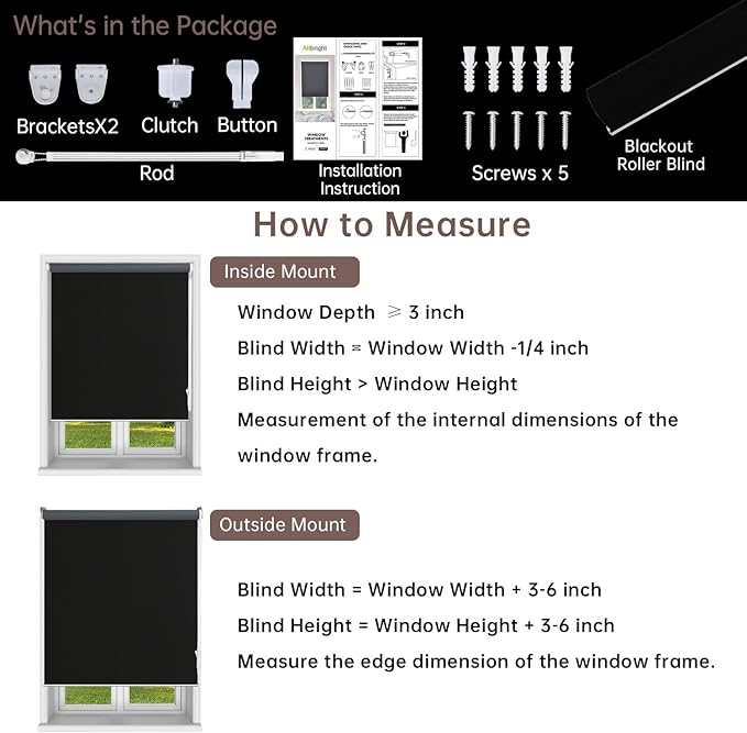 Allbright 100% Blackout Cordless Roller Shades for Windows, Thermal Insulated UV Protection, Window Roller Blinds for Home, Office, Bedroom, Door, 26" W x 72" H, Black