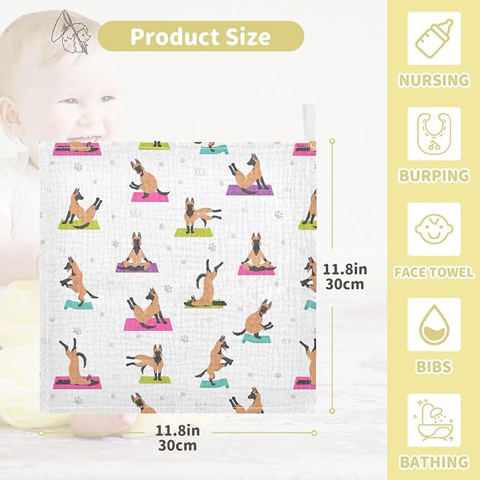 vvfelixl Baby Cotton Washcloths Belgian Malinois Yoga Infants Bath Towel for Unisex Face Towels for Newborn, Natural Baby Wipes Delicate Skin, 11.8 X 11.8 inch, one sizex3