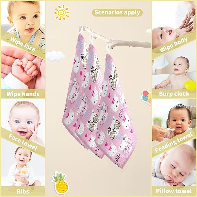 vvfelixl Baby Muslin Washcloths Childish Cats Pattern Baby Burp Cloths Cotton Baby Face Towel for Newborn Infants Boy Girls Soft and Absorbent 11.8 X 11.8 in, 3 Pack