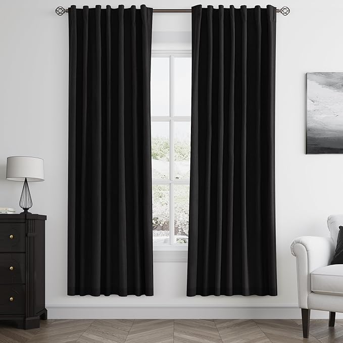 Guken Black 100% Blackout Curtains 72 Inch Length 2 Panels Set for Living Room Bedroom Back Tab Thermal Insulated 100% Black Out Linen Drapes Room Darkening Window Curtains 72 Inches Long